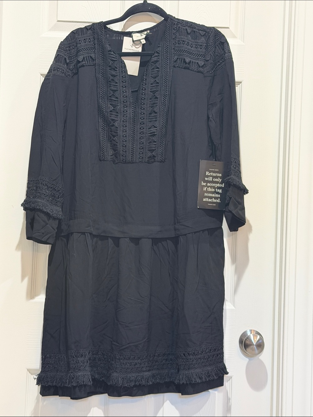 Tuckernuck Black Long-Sleeve Crochet Trim Dress